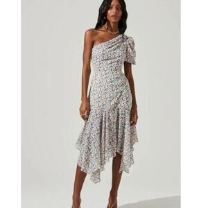 NEW ASTR The Label SANTORINI Chiffon FLORAL Puffy ONE SHOULDER Midi DRESS Sz S